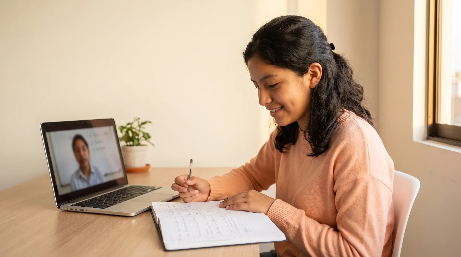 Estudiante de secundaria resolviendo ejercicios en su cuaderno durante una clase virtual