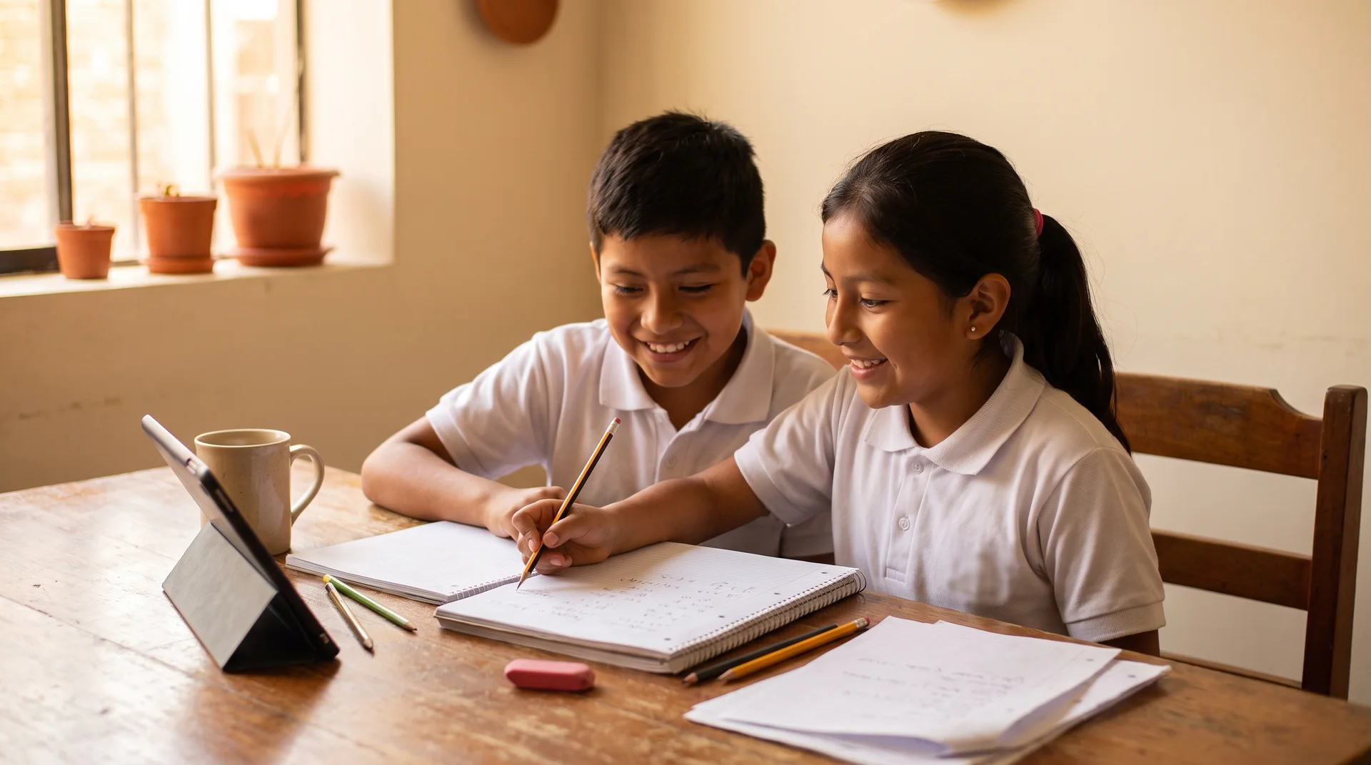 Dos niños de primaria haciendo la tarea de matemática juntos en la mesa